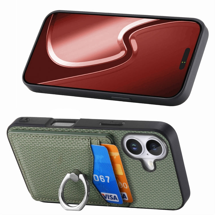 For iPhone 16 Plus Carbon Fiber Card Wallet Ring Phone Case(Green) by buy2fix