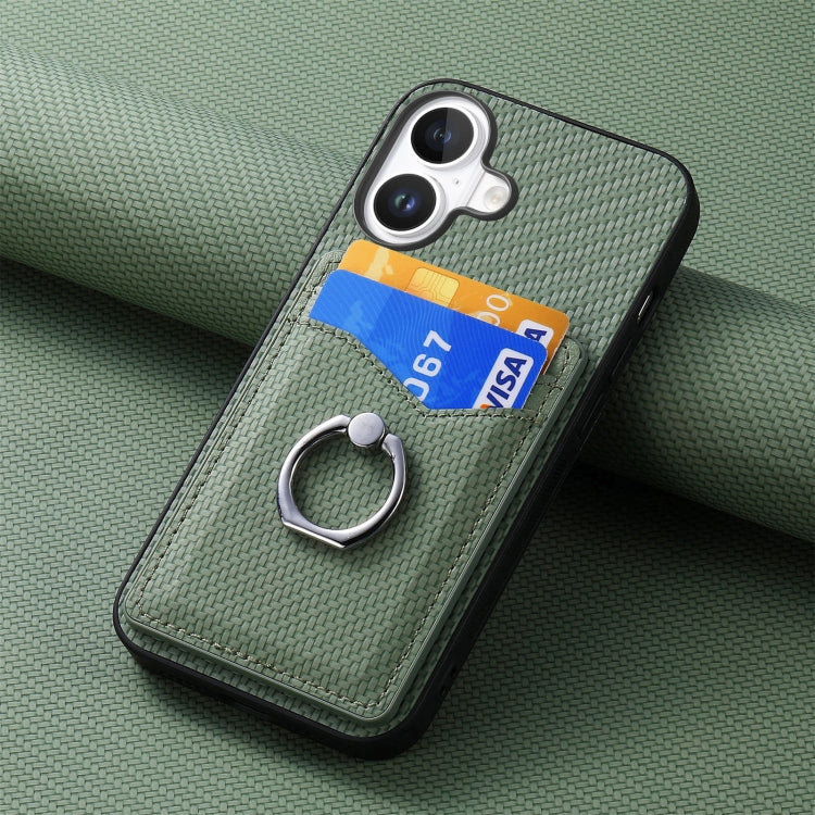 For iPhone 16 Plus Carbon Fiber Card Wallet Ring Phone Case(Green) by buy2fix