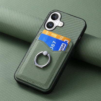 For iPhone 16 Plus Carbon Fiber Card Wallet Ring Phone Case(Green) by buy2fix