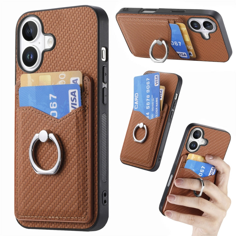 For iPhone 16 Plus Carbon Fiber Card Wallet Ring Phone Case(Brown) by buy2fix