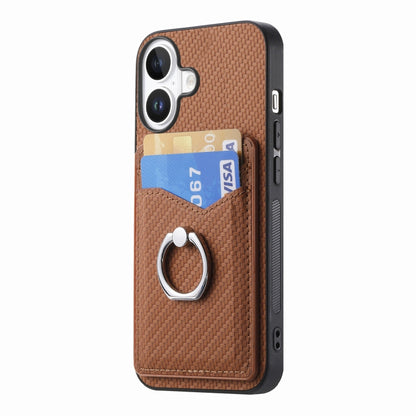 For iPhone 16 Plus Carbon Fiber Card Wallet Ring Phone Case(Brown) by buy2fix