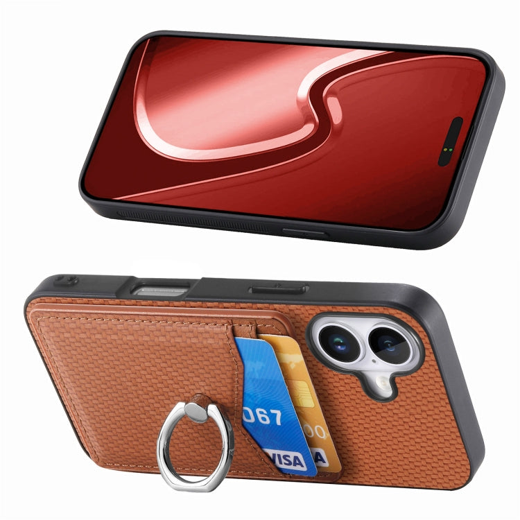 For iPhone 16 Plus Carbon Fiber Card Wallet Ring Phone Case(Brown) by buy2fix