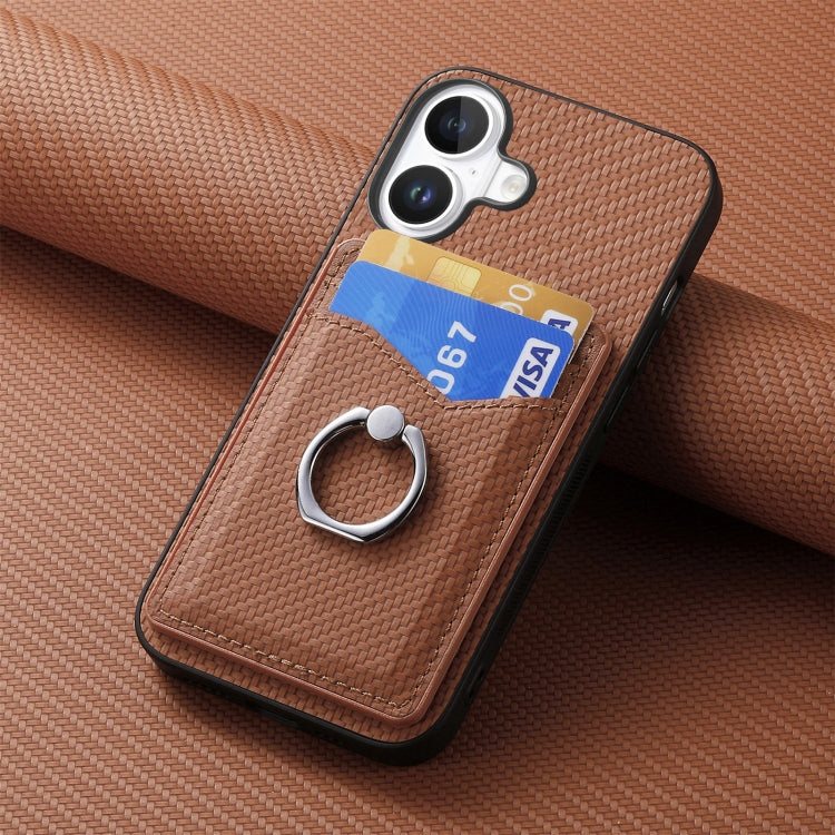 For iPhone 16 Plus Carbon Fiber Card Wallet Ring Phone Case(Brown) by buy2fix
