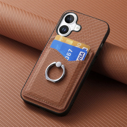 For iPhone 16 Plus Carbon Fiber Card Wallet Ring Phone Case(Brown) by buy2fix
