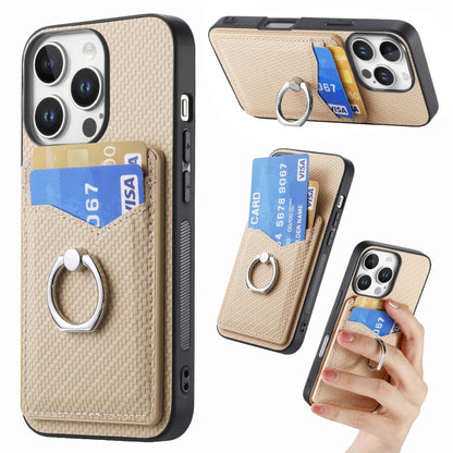 For iPhone 16 Pro Carbon Fiber Card Wallet Ring Phone Case(Khaki) - iPhone 16 Pro Cases by buy2fix | Online Shopping UK | buy2fix