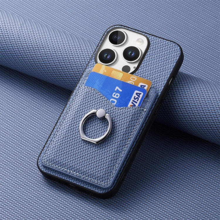 For iPhone 16 Pro Carbon Fiber Card Wallet Ring Phone Case(Blue) - iPhone 16 Pro Cases by buy2fix | Online Shopping UK | buy2fix