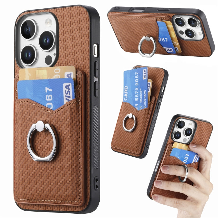 For iPhone 16 Pro Carbon Fiber Card Wallet Ring Phone Case(Brown) by buy2fix