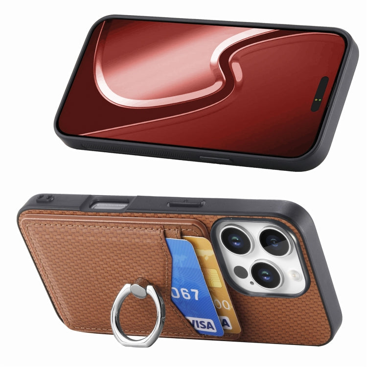 For iPhone 16 Pro Carbon Fiber Card Wallet Ring Phone Case(Brown) by buy2fix