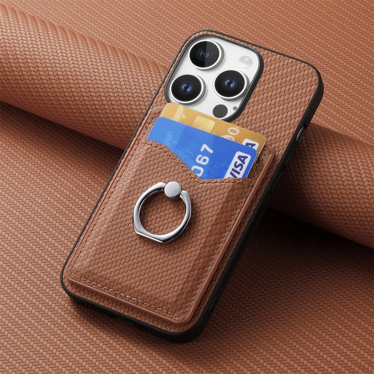 For iPhone 16 Pro Carbon Fiber Card Wallet Ring Phone Case(Brown) by buy2fix