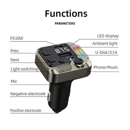 C68 Dual Port Bluetooth FM Transmitter PD 30W Car Charger Music Player Hands-Free Call - Bluetooth Car Kits by buy2fix | Online Shopping UK | buy2fix