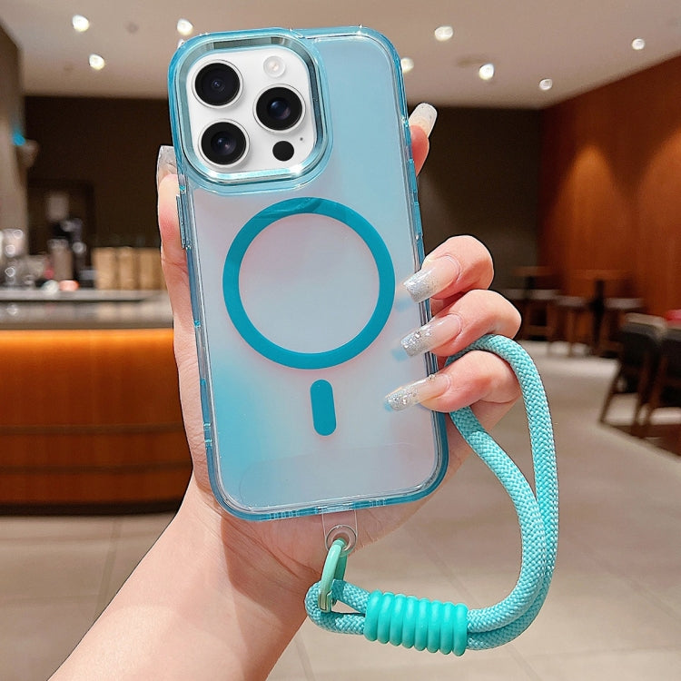 For iPhone 16 Pro Bright Shadow Magsafe Discoloration Phone Case with Wrist Strap(Blue) by buy2fix