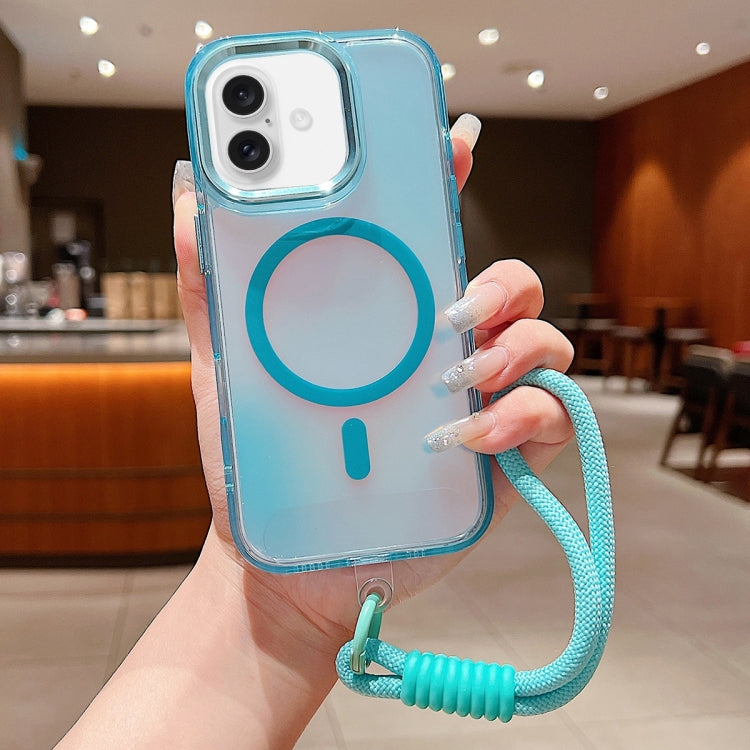 For iPhone 16 Plus Bright Shadow Magsafe Discoloration Phone Case with Wrist Strap(Blue) by buy2fix