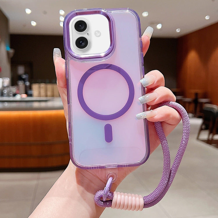 For iPhone 16 Plus Bright Shadow Magsafe Discoloration Phone Case with Wrist Strap(Purple) by buy2fix