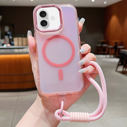 For iPhone 16 Bright Shadow Magsafe Discoloration Phone Case with Wrist Strap(Pink) by buy2fix
