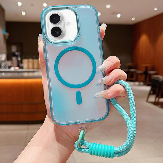 For iPhone 17 Bright Shadow  Magsafe Discoloration Phone Case with Wrist Strap(Blue)