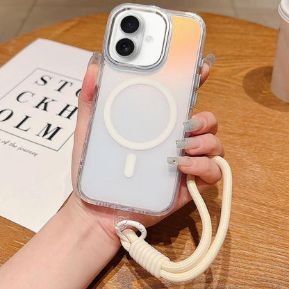 For iPhone 17 Bright Shadow  Magsafe Discoloration Phone Case with Wrist Strap(White) - iPhone 17 Cases by buy2fix | Online Shopping UK | buy2fix