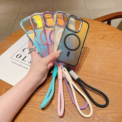 For iPhone 16 Bright Shadow Magsafe Discoloration Phone Case with Wrist Strap(Pink) by buy2fix