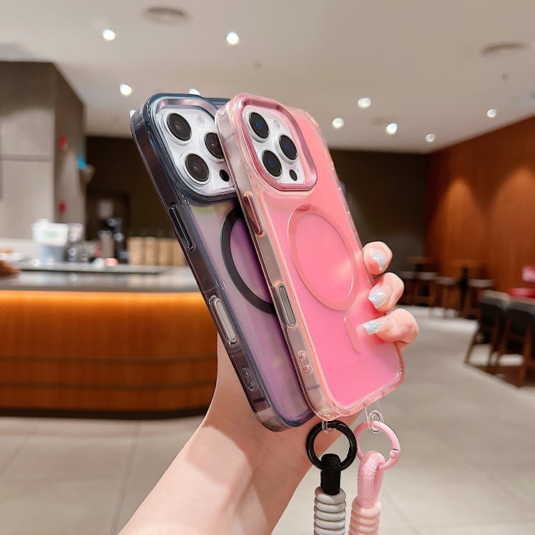 For iPhone 16 Bright Shadow Magsafe Discoloration Phone Case with Wrist Strap(Pink) by buy2fix