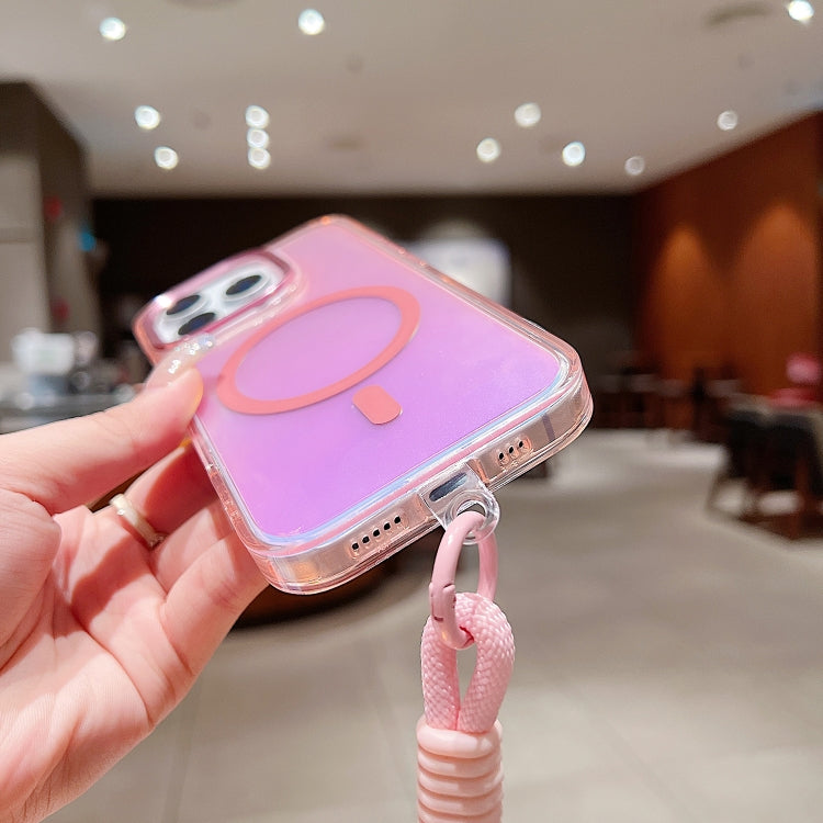 For iPhone 16 Pro Bright Shadow  Magsafe Discoloration Phone Case with Wrist Strap(Pink) - iPhone 16 Pro Cases by buy2fix | Online Shopping UK | buy2fix