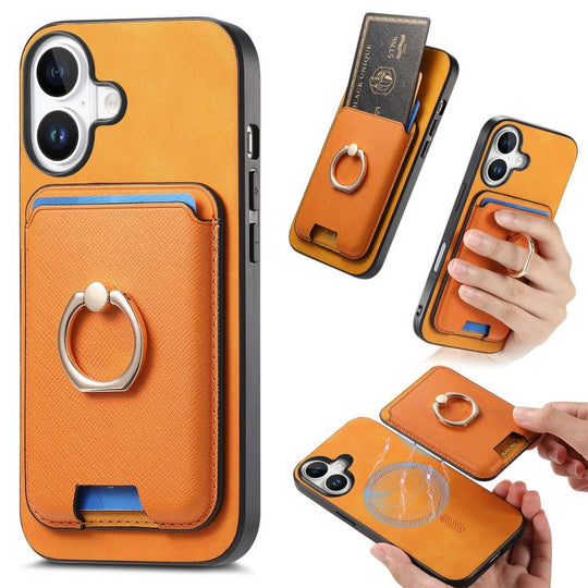 For iPhone 17 Retro Cross Leather Card Bag MagSafe Phone Case(Yellow)