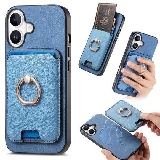 For iPhone 17 Retro Cross Leather Card Bag MagSafe Phone Case(Blue)