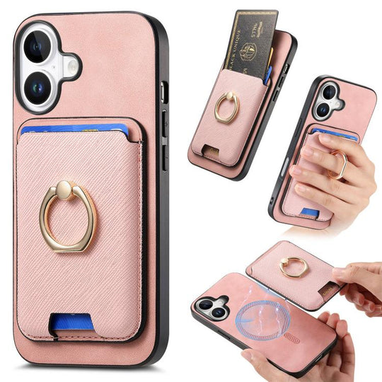 For iPhone 17 Retro Cross Leather Card Bag MagSafe Phone Case(Pink)