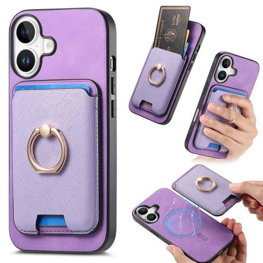 For iPhone 17 Retro Cross Leather Card Bag MagSafe Phone Case(Purple)