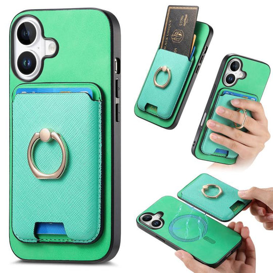 For iPhone 17 Retro Cross Leather Card Bag MagSafe Phone Case(Green)