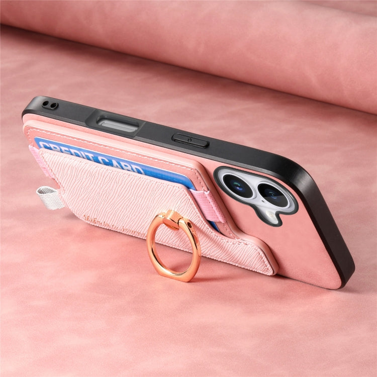 For iPhone 16 Retro Magsafe Cross Leather Ring Holder Card Bag Phone Case(Pink) - iPhone 16 Cases by buy2fix | Online Shopping UK | buy2fix