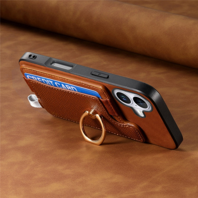 For iPhone 16 Retro Magsafe Cross Leather Ring Holder Card Bag Phone Case(Brown) - iPhone 16 Cases by buy2fix | Online Shopping UK | buy2fix