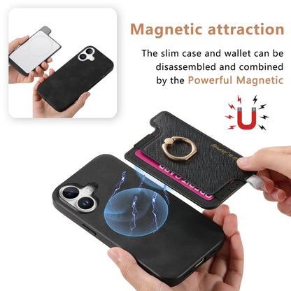 For iPhone 16 Retro Magsafe Cross Leather Ring Holder Card Bag Phone Case(Black) - iPhone 16 Cases by buy2fix | Online Shopping UK | buy2fix