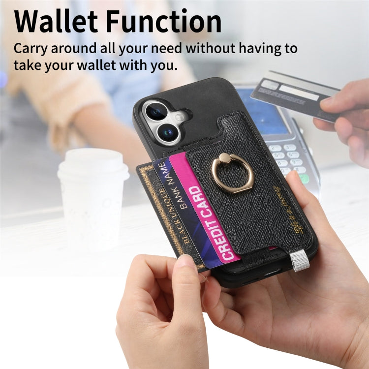 For iPhone 16 Retro Magsafe Cross Leather Ring Holder Card Bag Phone Case(Black) - iPhone 16 Cases by buy2fix | Online Shopping UK | buy2fix
