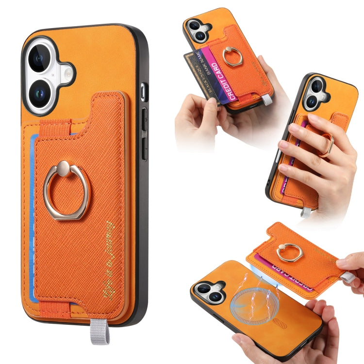 For iPhone 16 Plus Retro Magsafe Cross Leather Ring Holder Card Bag Phone Case(Yellow) - iPhone 16 Plus Cases by buy2fix | Online Shopping UK | buy2fix