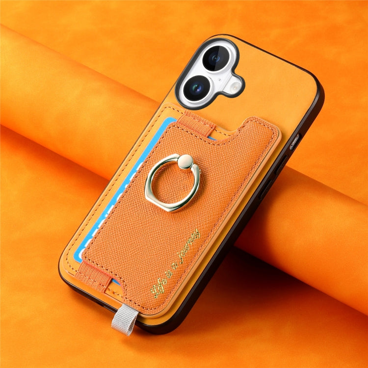 For iPhone 16 Plus Retro Magsafe Cross Leather Ring Holder Card Bag Phone Case(Yellow) - iPhone 16 Plus Cases by buy2fix | Online Shopping UK | buy2fix