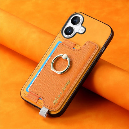For iPhone 16 Plus Retro Magsafe Cross Leather Ring Holder Card Bag Phone Case(Yellow) - iPhone 16 Plus Cases by buy2fix | Online Shopping UK | buy2fix