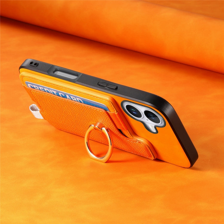 For iPhone 16 Plus Retro Magsafe Cross Leather Ring Holder Card Bag Phone Case(Yellow) - iPhone 16 Plus Cases by buy2fix | Online Shopping UK | buy2fix