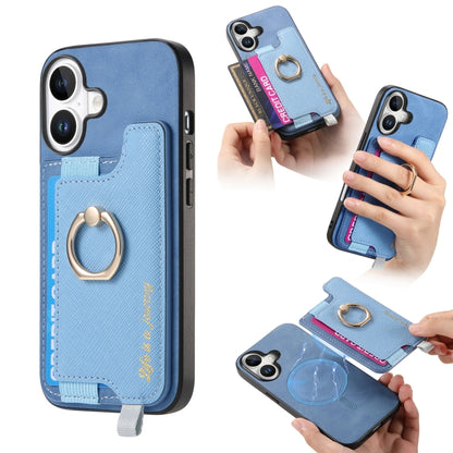 For iPhone 16 Plus Retro Magsafe Cross Leather Ring Holder Card Bag Phone Case(Blue) - iPhone 16 Plus Cases by buy2fix | Online Shopping UK | buy2fix