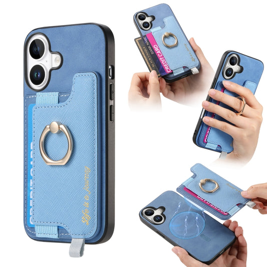 For iPhone 16 Plus Retro Magsafe Cross Leather Ring Holder Card Bag Phone Case(Blue) - iPhone 16 Plus Cases by buy2fix | Online Shopping UK | buy2fix