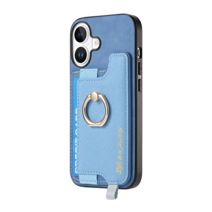 For iPhone 16 Plus Retro Magsafe Cross Leather Ring Holder Card Bag Phone Case(Blue) - iPhone 16 Plus Cases by buy2fix | Online Shopping UK | buy2fix