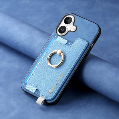 For iPhone 16 Plus Retro Magsafe Cross Leather Ring Holder Card Bag Phone Case(Blue) - iPhone 16 Plus Cases by buy2fix | Online Shopping UK | buy2fix