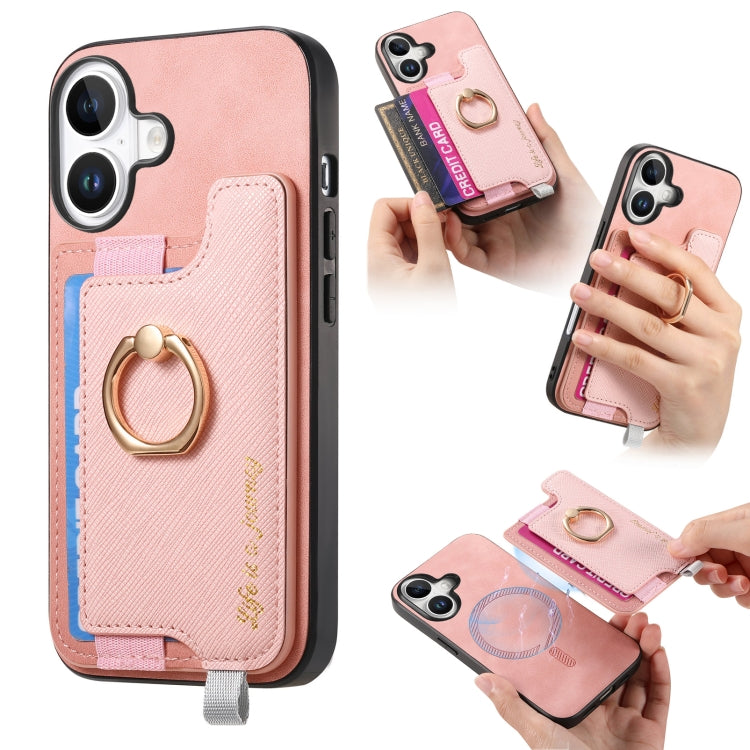 For iPhone 16 Plus Retro Magsafe Cross Leather Ring Holder Card Bag Phone Case(Pink) - iPhone 16 Plus Cases by buy2fix | Online Shopping UK | buy2fix