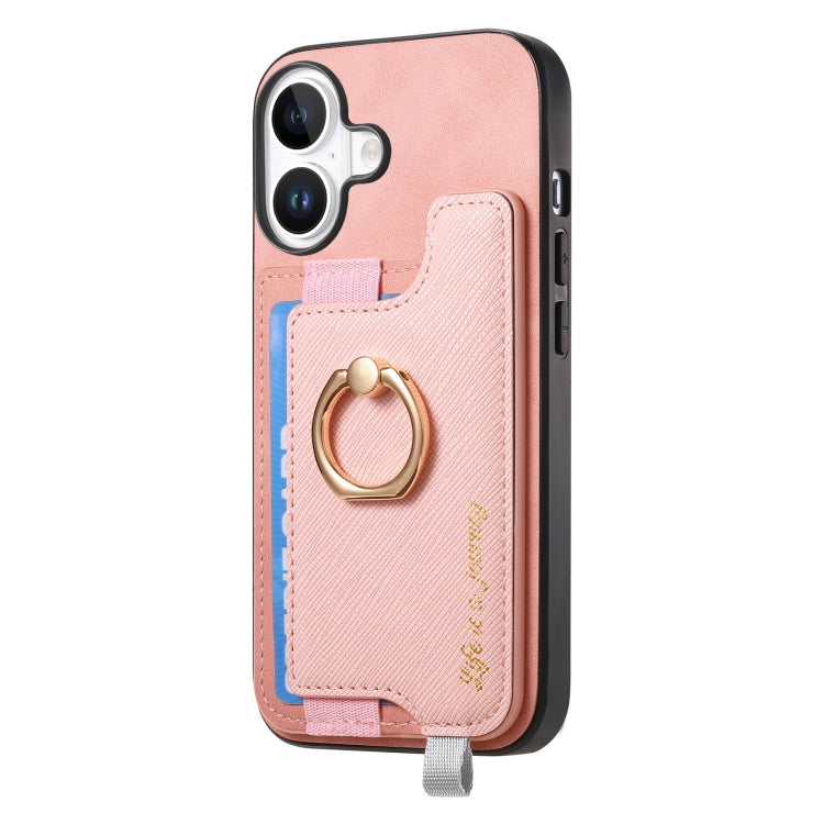 For iPhone 16 Plus Retro Magsafe Cross Leather Ring Holder Card Bag Phone Case(Pink) - iPhone 16 Plus Cases by buy2fix | Online Shopping UK | buy2fix