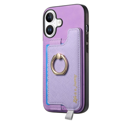 For iPhone 16 Plus Retro Magsafe Cross Leather Ring Holder Card Bag Phone Case(Purple) - iPhone 16 Plus Cases by buy2fix | Online Shopping UK | buy2fix