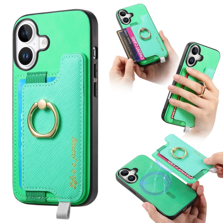 For iPhone 16 Plus Retro Magsafe Cross Leather Ring Holder Card Bag Phone Case(Green) - iPhone 16 Plus Cases by buy2fix | Online Shopping UK | buy2fix