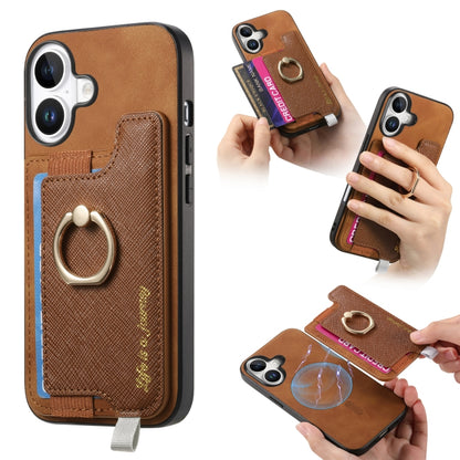 For iPhone 16 Plus Retro Magsafe Cross Leather Ring Holder Card Bag Phone Case(Brown) - iPhone 16 Plus Cases by buy2fix | Online Shopping UK | buy2fix