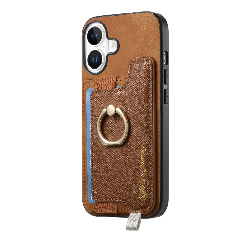 For iPhone 16 Plus Retro Magsafe Cross Leather Ring Holder Card Bag Phone Case(Brown) - iPhone 16 Plus Cases by buy2fix | Online Shopping UK | buy2fix