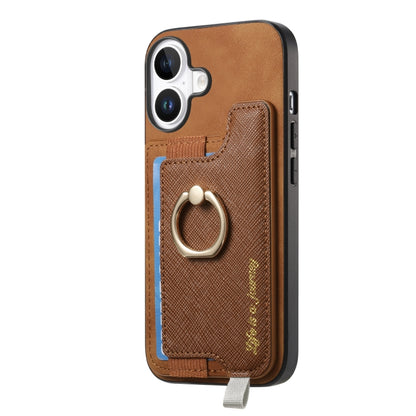 For iPhone 16 Plus Retro Magsafe Cross Leather Ring Holder Card Bag Phone Case(Brown) - iPhone 16 Plus Cases by buy2fix | Online Shopping UK | buy2fix