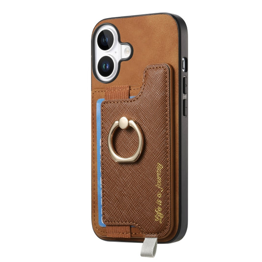 For iPhone 16 Plus Retro Magsafe Cross Leather Ring Holder Card Bag Phone Case(Brown) - iPhone 16 Plus Cases by buy2fix | Online Shopping UK | buy2fix