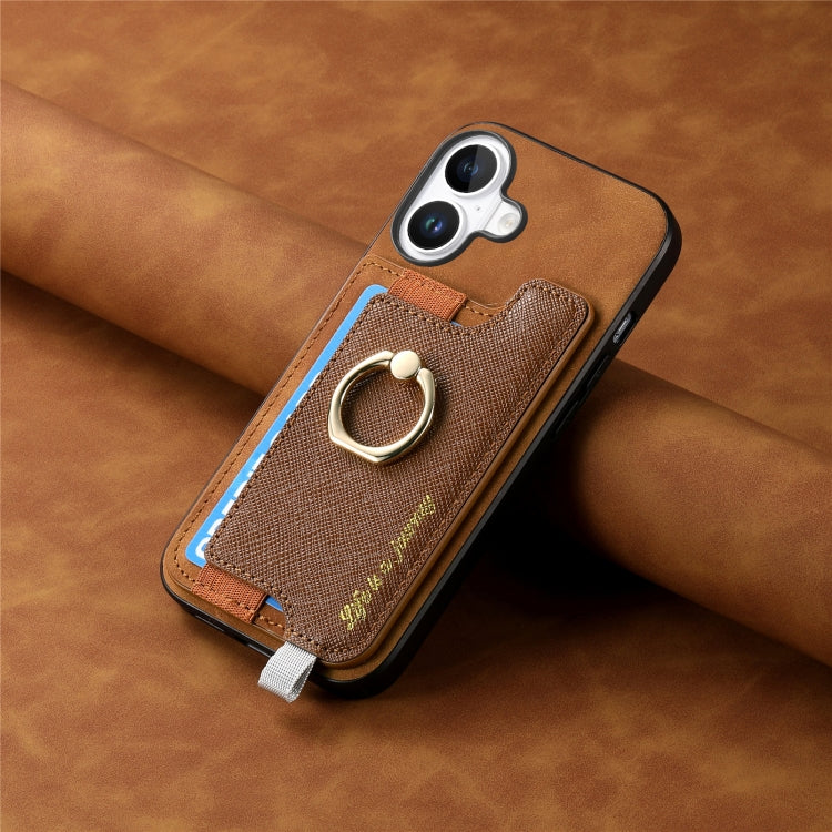 For iPhone 16 Plus Retro Magsafe Cross Leather Ring Holder Card Bag Phone Case(Brown) - iPhone 16 Plus Cases by buy2fix | Online Shopping UK | buy2fix