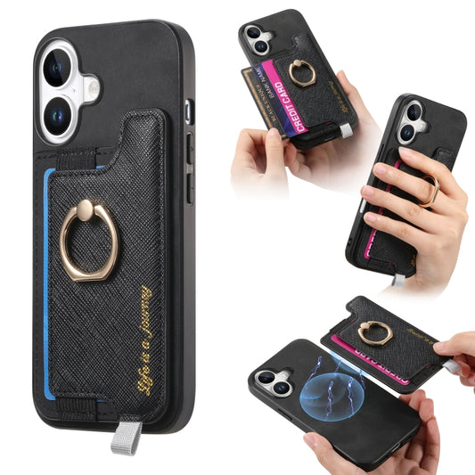 For iPhone 16 Plus Retro Magsafe Cross Leather Ring Holder Card Bag Phone Case(Black) - iPhone 16 Plus Cases by buy2fix | Online Shopping UK | buy2fix